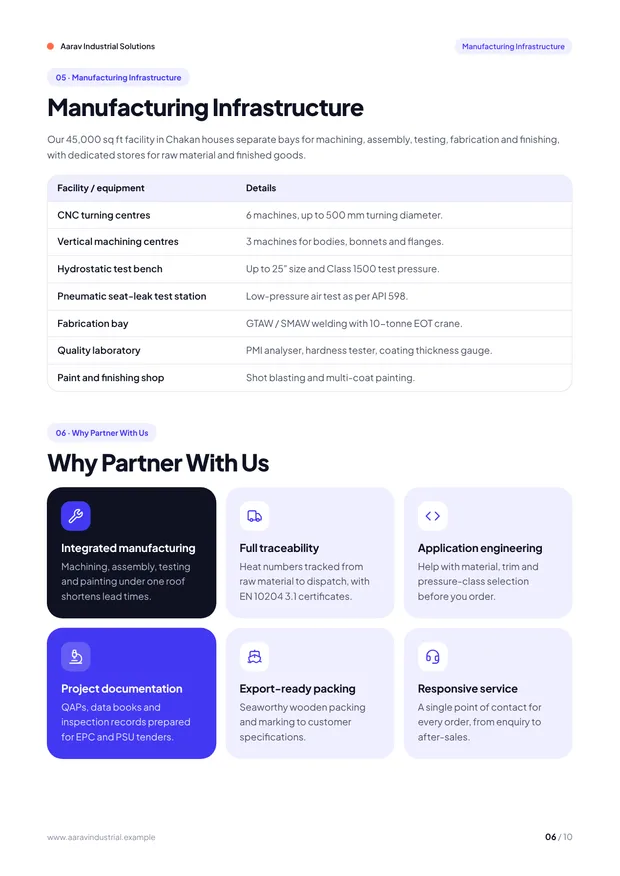 Example services page from a DocMak company profile